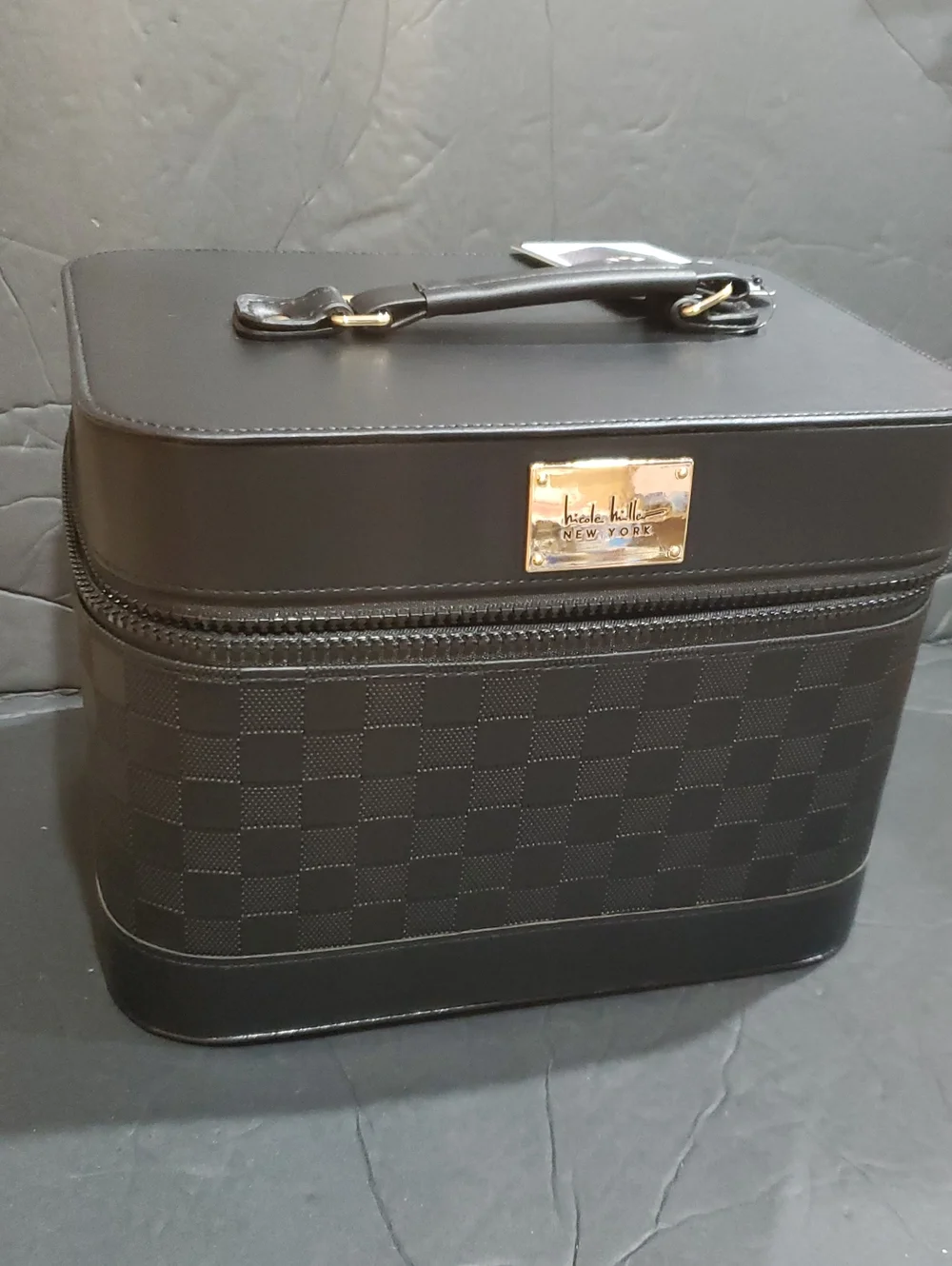 Nicole Miller black damier style large cosmetics beauty hard train case new